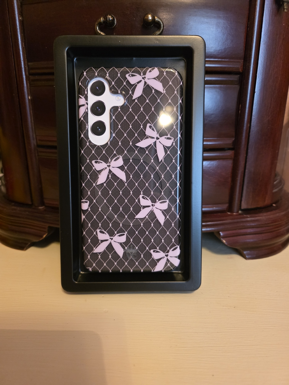 Samsung S25 Velvet Caviar Pink Bow Pattern Phone Case + Magnetic Grip Ring